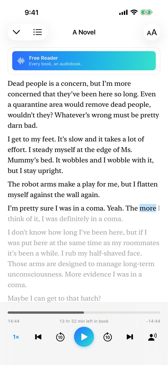 Reader narrating a page aloud, current word highlighted